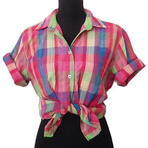 90s Vintage Pastel Plaid Button Up Shirt Top